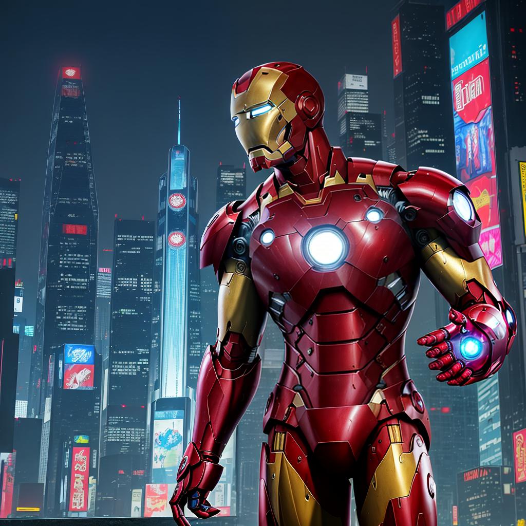  masterpiece, best quality, Best quality, masterpiece, 8k resolution, realistic, highly detailed, close up of Iron Man. In a cyberpunk-style night scene of the city, he stands on a street lined with tall buildings. The city's night lights are bright, The surrounding buildings and streets are filled with cyberpunk elements such as neon lights, high-tech devices, and futuristic architectural designs.