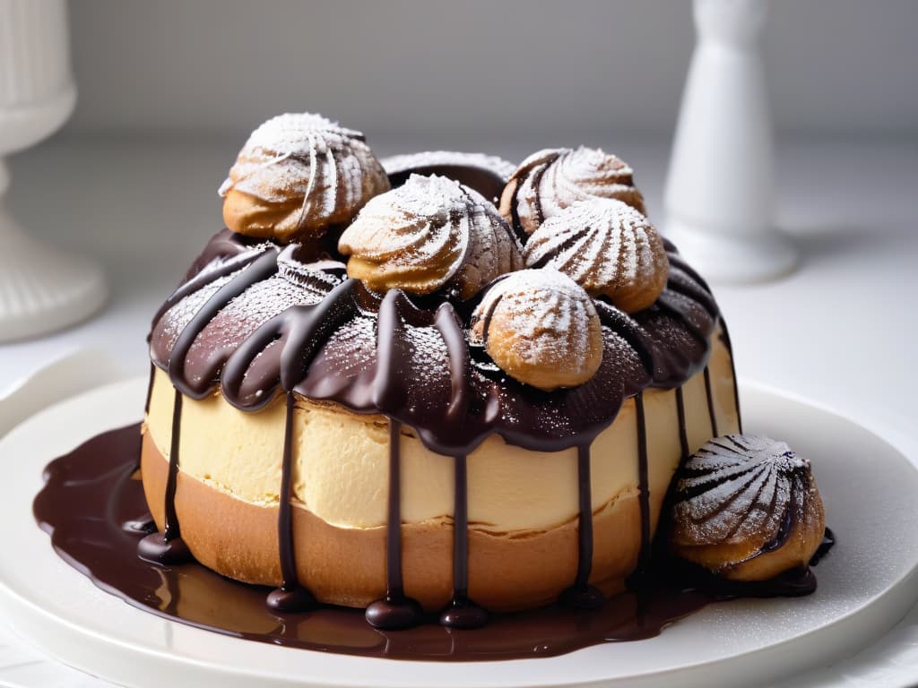  A closeup, highresolution image of a perfectly goldenbrown profiterole with a delicate drizzle of rich dark chocolate ganache cascading down its sides. The profiterole is dusted with a light sprinkle of powdered sugar, resting on a pristine white plate with a subtle reflection, exuding an aura of elegance and indulgence. hyperrealistic, full body, detailed clothing, highly detailed, cinematic lighting, stunningly beautiful, intricate, sharp focus, f/1. 8, 85mm, (centered image composition), (professionally color graded), ((bright soft diffused light)), volumetric fog, trending on instagram, trending on tumblr, HDR 4K, 8K