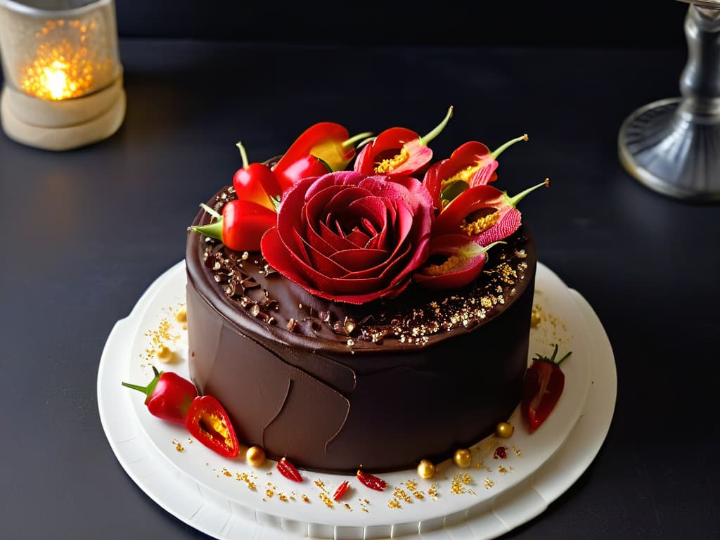  A closeup, ultrahigh resolution image of a decadent chocolate cake topped with vibrant red chili peppers, shimmering gold flakes, and delicate rose petals, all set on a sleek, modern white plate against a black backdrop. The cake is perfectly sliced to reveal its rich, moist interior, inviting viewers to explore the unexpected combination of flavors and textures, embodying the essence of innovation in pastrymaking. hyperrealistic, full body, detailed clothing, highly detailed, cinematic lighting, stunningly beautiful, intricate, sharp focus, f/1. 8, 85mm, (centered image composition), (professionally color graded), ((bright soft diffused light)), volumetric fog, trending on instagram, trending on tumblr, HDR 4K, 8K