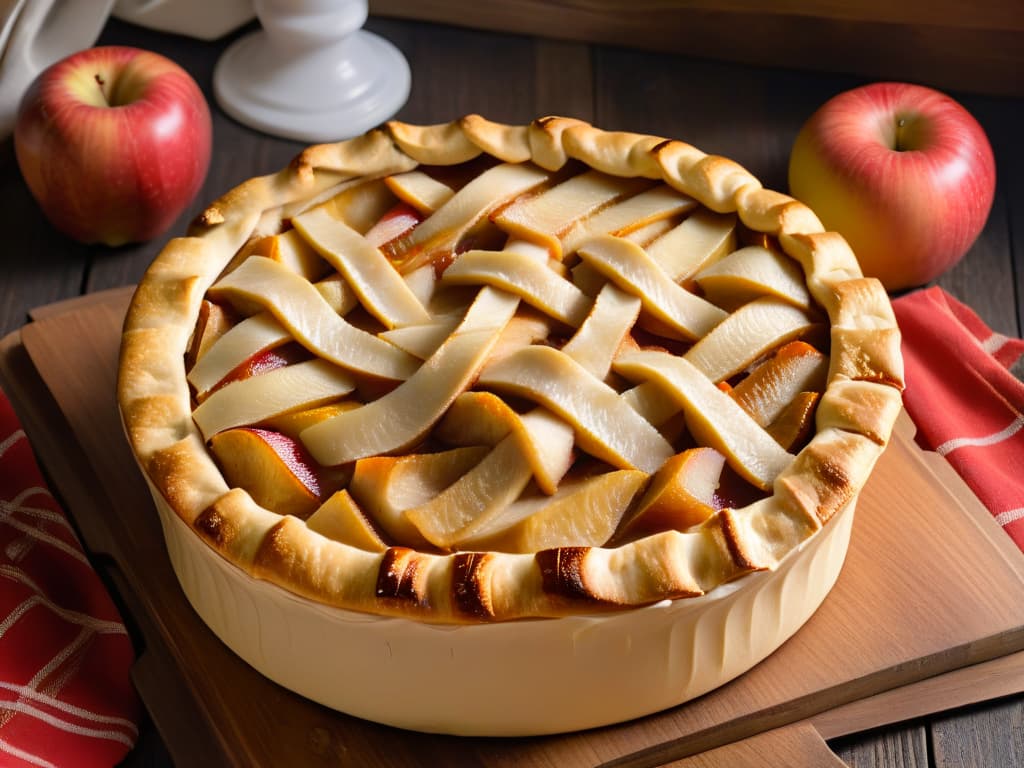  A closeup, photorealistic image of a decadent apple pie, fresh out of the oven, with a goldenbrown lattice crust perfectly woven on top. The pie is resting on a rustic wooden table, emitting steam and a mouthwatering aroma. The apples inside are visible, soft and caramelized, peeking through the lattice. The lighting is warm and inviting, highlighting the flaky layers of crust and the glossy sheen of the apple filling. This image perfectly captures the essence of the article's focus on the surprising benefits of using applesauce in baking. hyperrealistic, full body, detailed clothing, highly detailed, cinematic lighting, stunningly beautiful, intricate, sharp focus, f/1. 8, 85mm, (centered image composition), (professionally color graded), ((bright soft diffused light)), volumetric fog, trending on instagram, trending on tumblr, HDR 4K, 8K