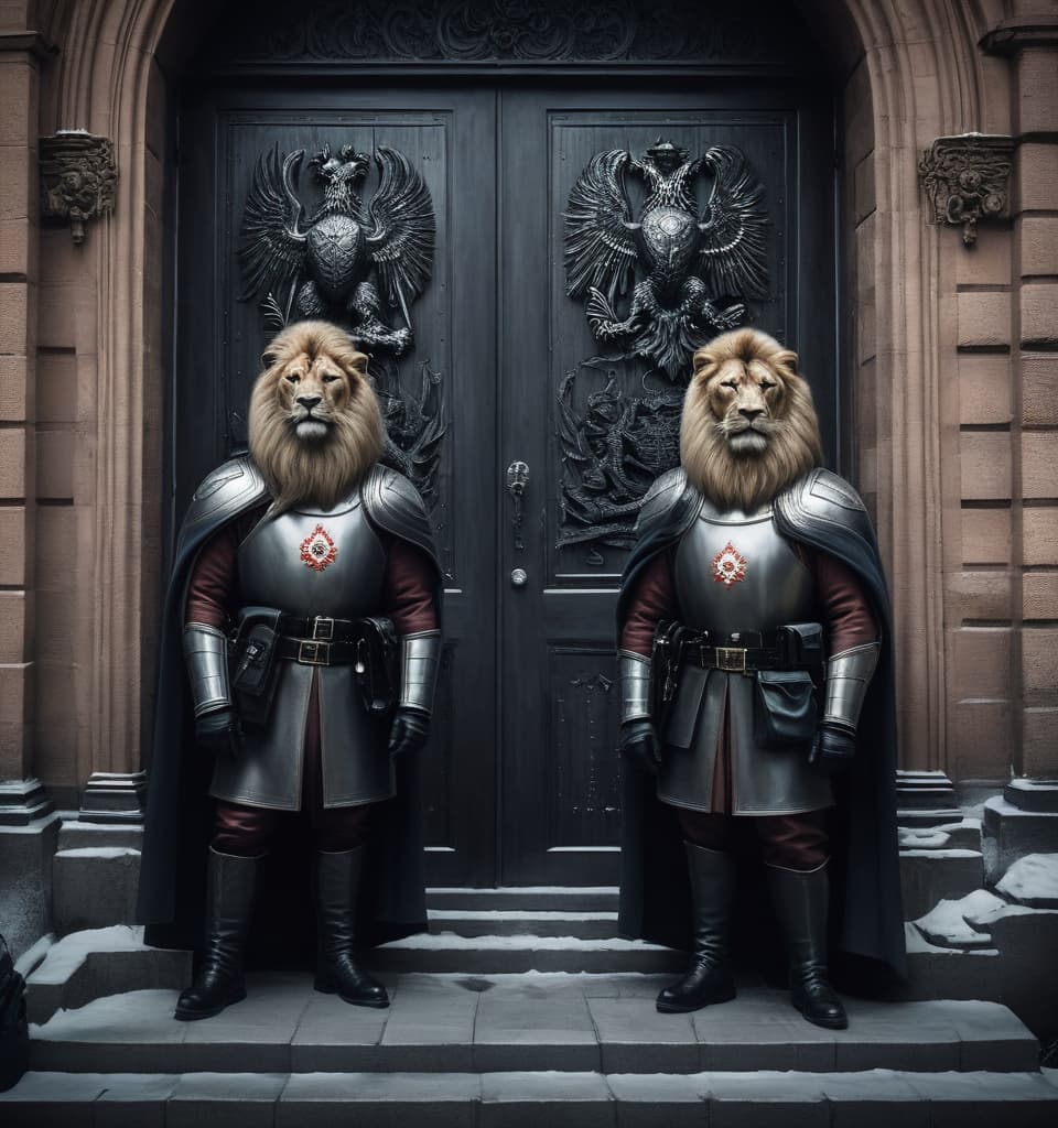  horror themed Art, oil painting. (Two formidable guards of the living griffins from the Russian security service in equipment sit at the entrance to the Kremlin Tower on either side of the door:1.5). (Long range perspective, expressive eyes:1.6). Medieval bestiary, (mythical creatures with the head of an eagle and the body of a lion with two silvery powerful open wings, the legs of a lion, the tail of a lion:1.4). The image is inspired by Byzantine art and Slavic mythology. Grace, clear lines, a mythological creature in the modern world. High detail. Surrealism, fantasy, science fiction. . eerie, unsettling, dark, spooky, suspenseful, grim, highly detailed hyperrealistic, full body, detailed clothing, highly detailed, cinematic lighting, stunningly beautiful, intricate, sharp focus, f/1. 8, 85mm, (centered image composition), (professionally color graded), ((bright soft diffused light)), volumetric fog, trending on instagram, trending on tumblr, HDR 4K, 8K