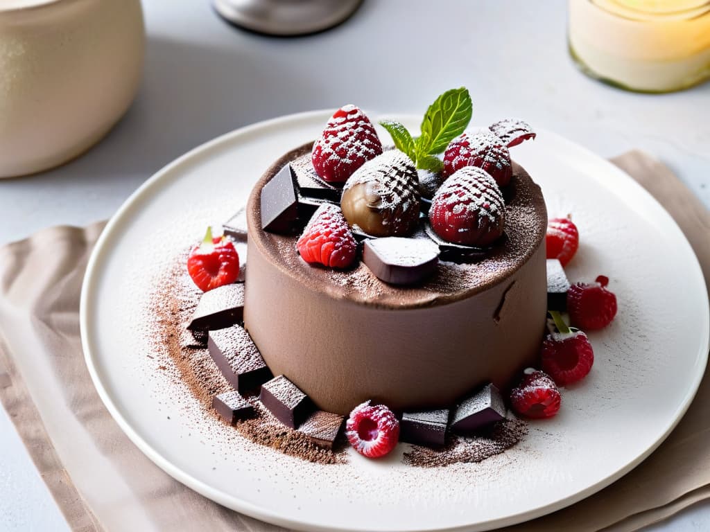  A highresolution image of a decadent chocolate avocado mousse dessert topped with fresh raspberries, mint leaves, and a dusting of cocoa powder. The dessert is elegantly presented on a sleek white plate, exuding a sense of indulgence and sophistication. The rich, creamy texture of the mousse contrasts beautifully with the vibrant colors of the berries, creating a visually striking and appetizing composition that conveys a sense of luxury and culinary delight. hyperrealistic, full body, detailed clothing, highly detailed, cinematic lighting, stunningly beautiful, intricate, sharp focus, f/1. 8, 85mm, (centered image composition), (professionally color graded), ((bright soft diffused light)), volumetric fog, trending on instagram, trending on tumblr, HDR 4K, 8K