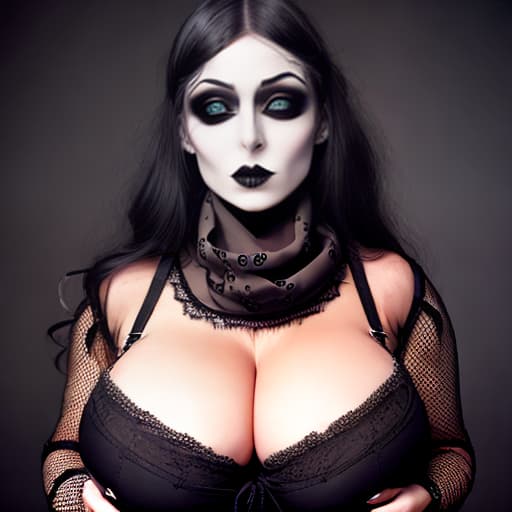  Female model wearing gothic style makeup with black lace scarf having big breasts and big thighs