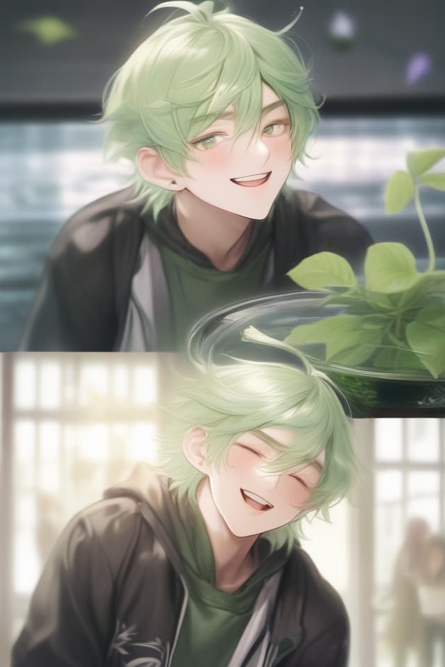  Masterpiece,(((a male))),delicate light green hair color,short hair,smile,V眉,delicate face,(((larynx))),(((Aquilegia:Columbine))),fresh,high quality,8K