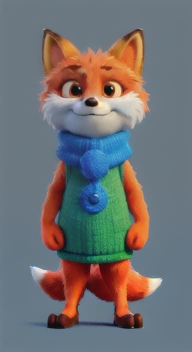  {Error the fox pressing the blue button with his paw, looking puzzled as nothing occurs., Error is a small, bright orange fox with a fluffy tail and big, inquisitive eyes. He has a mischievous yet kind expression and wears a tiny green scarf.