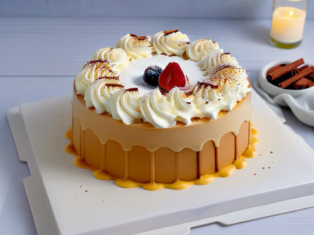  A highresolution image of a beautifully plated Tres Leches cake, showcasing the moist sponge cake soaked in three types of milk, topped with a dollop of whipped cream and a sprinkle of cinnamon. The cake sits on a pristine white plate, set against a dark matte background to enhance its creamy texture and delicate presentation. The lighting highlights the glossy surface of the cake and creates a soft shadow underneath, emphasizing the contrast between the dessert and its surroundings. hyperrealistic, full body, detailed clothing, highly detailed, cinematic lighting, stunningly beautiful, intricate, sharp focus, f/1. 8, 85mm, (centered image composition), (professionally color graded), ((bright soft diffused light)), volumetric fog, trending on instagram, trending on tumblr, HDR 4K, 8K