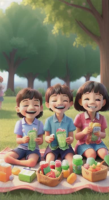  {Kids sitting around a picnic blanket, enjoying juice boxes and snacks., Children happily eating snacks, with crumbs on their faces and big smiles.