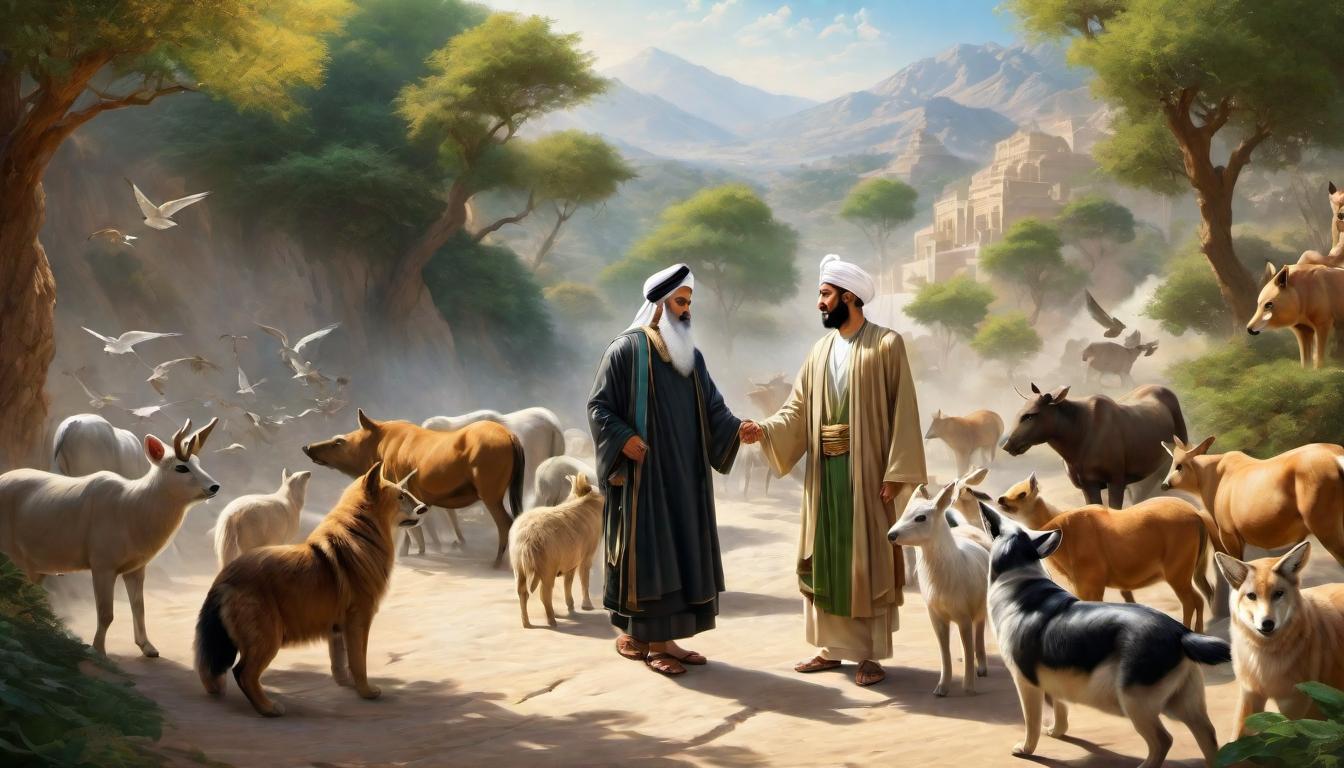  digital painting of The Prophet Muhammad (PBUH), in traditional attire, extending a hand towards a group of animals, including Muezza, a moment of blessing, divine connection, shared journey looking at viewer, dynamic pose, (intricate details, masterpiece, best quality)