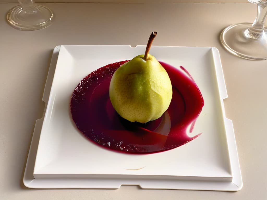  An ultradetailed image of a perfectly ripe pear delicately sliced and arranged in a spiral pattern on a sleek, minimalist white plate. Each slice of the pear glistens with the rich hues of red wine infusion, reflecting light to showcase its juicy texture. The plate rests on a marble countertop, with a soft focus on a crystal wine glass filled with deep red wine in the background, adding a touch of elegance to the composition. The image captures the essence of sophistication and culinary artistry, inviting viewers to indulge in the visual beauty of the dish before savoring its flavors. hyperrealistic, full body, detailed clothing, highly detailed, cinematic lighting, stunningly beautiful, intricate, sharp focus, f/1. 8, 85mm, (centered image composition), (professionally color graded), ((bright soft diffused light)), volumetric fog, trending on instagram, trending on tumblr, HDR 4K, 8K