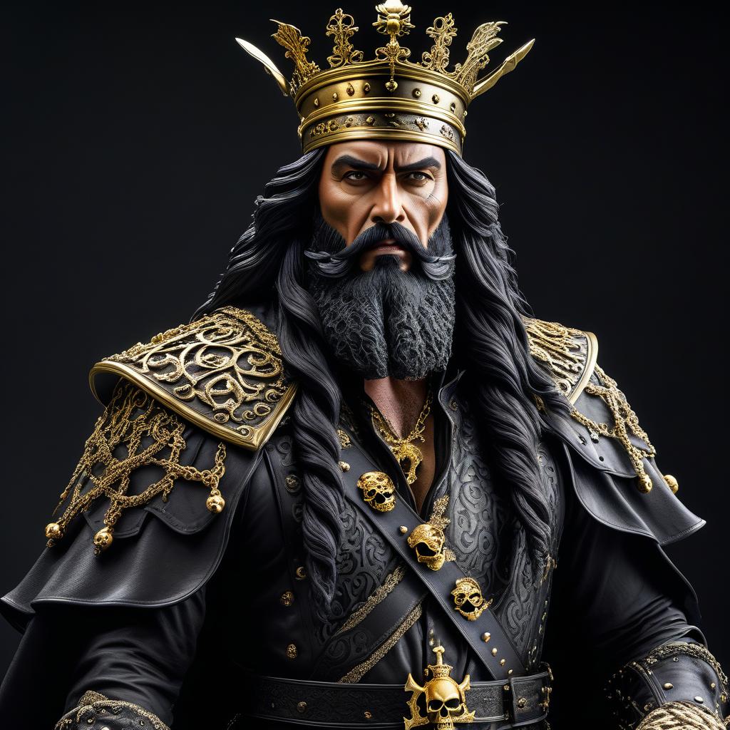  The most terrifying pirate king of middle age with a scar, Edward Teach, wearing a crown made of skulls, and a large black beard, clad in black and gold. hyperrealistic, full body, detailed clothing, highly detailed, cinematic lighting, stunningly beautiful, intricate, sharp focus, f/1. 8, 85mm, (centered image composition), (professionally color graded), ((bright soft diffused light)), volumetric fog, trending on instagram, trending on tumblr, HDR 4K, 8K