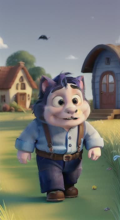  {Max walking back towards the cozy little house with droopy eyes, as twilight falls, The big blue dog is large with sky blue fur, big round eyes, a black nose, and floppy ears.