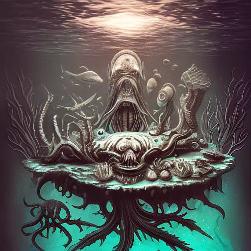  A surreal, underwater world in the style of H.R. Giger