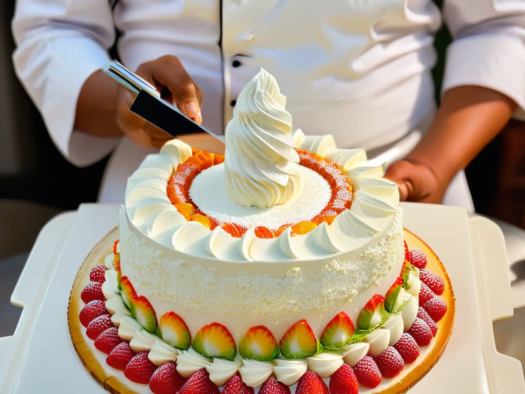  An exquisitely detailed photorealistic image of a skilled pastry chef meticulously crafting a stunning and intricate sugar sculpture. The chef's hands are delicately shaping the sugar into intricate patterns, capturing the artistry and precision required in the traditional craft of sugar art. The vibrant colors of the sugar, the focused expression on the chef's face, and the fine details of the sculpture all come together to showcase the beauty and complexity of sugar artistry throughout history. hyperrealistic, full body, detailed clothing, highly detailed, cinematic lighting, stunningly beautiful, intricate, sharp focus, f/1. 8, 85mm, (centered image composition), (professionally color graded), ((bright soft diffused light)), volumetric fog, trending on instagram, trending on tumblr, HDR 4K, 8K