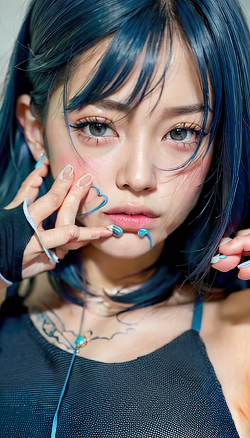  Cute, beautiful girl, blue hair, (Masterpiece, BestQuality:1.3), (ultra detailed:1.2), (hyperrealistic:1.3), (RAW photo:1.2),High detail RAW color photo, professional photograph, (Photorealistic:1.4), (realistic:1.4), ,professional lighting, (japanese), beautiful face, (realistic face)