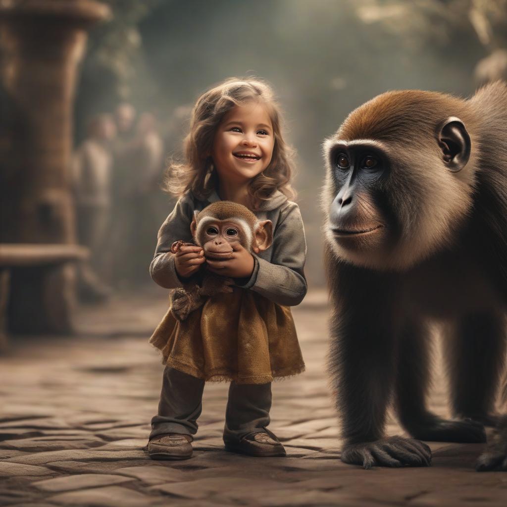  A little girl smiles hugs a monkey hyperrealistic, full body, detailed clothing, highly detailed, cinematic lighting, stunningly beautiful, intricate, sharp focus, f/1. 8, 85mm, (centered image composition), (professionally color graded), ((bright soft diffused light)), volumetric fog, trending on instagram, trending on tumblr, HDR 4K, 8K