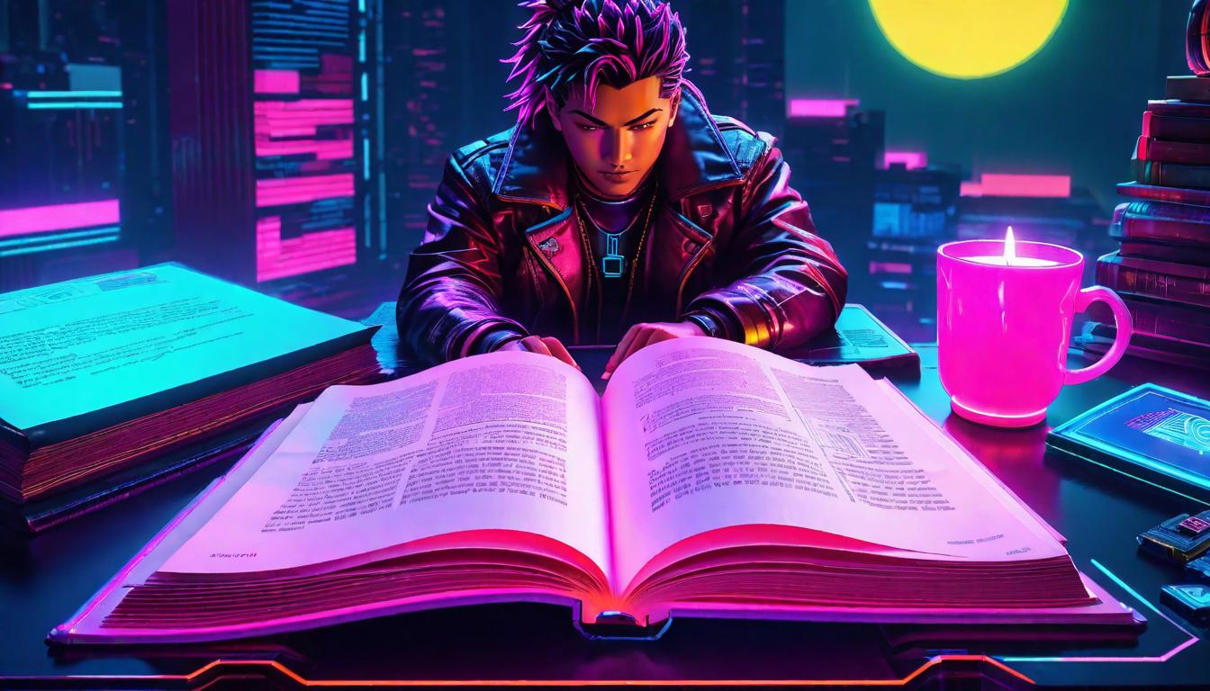  vaporwave,cyberpunk game style An open book under soft candlelight, pages telling the tale of Chiron, legacy of self healing, wisdom within the woundseon, dystopian, futuristic, digital, vibrant, detailed, high contrast, reminiscent of cyberpunk genre video games,retro aesthetic, cyberpunk, vibrant, neon colors, vintage 80s and 90s style, highly detailed