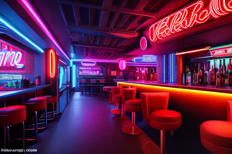  Generate a retro themed snack bar interior background in a photo realistic style. Place a counter in the center of the screen and place multiple red and blue neon tubes on the walls. While the neon lights should be vibrant, the lighting inside the bar should be generally dim. Please do not include any people in the photo. hyperrealistic, full body, detailed clothing, highly detailed, cinematic lighting, stunningly beautiful, intricate, sharp focus, f/1. 8, 85mm, (centered image composition), (professionally color graded), ((bright soft diffused light)), volumetric fog, trending on instagram, trending on tumblr, HDR 4K, 8K