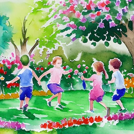  painting water color effect, 5 small kids playing in a garden full of flowers and trees