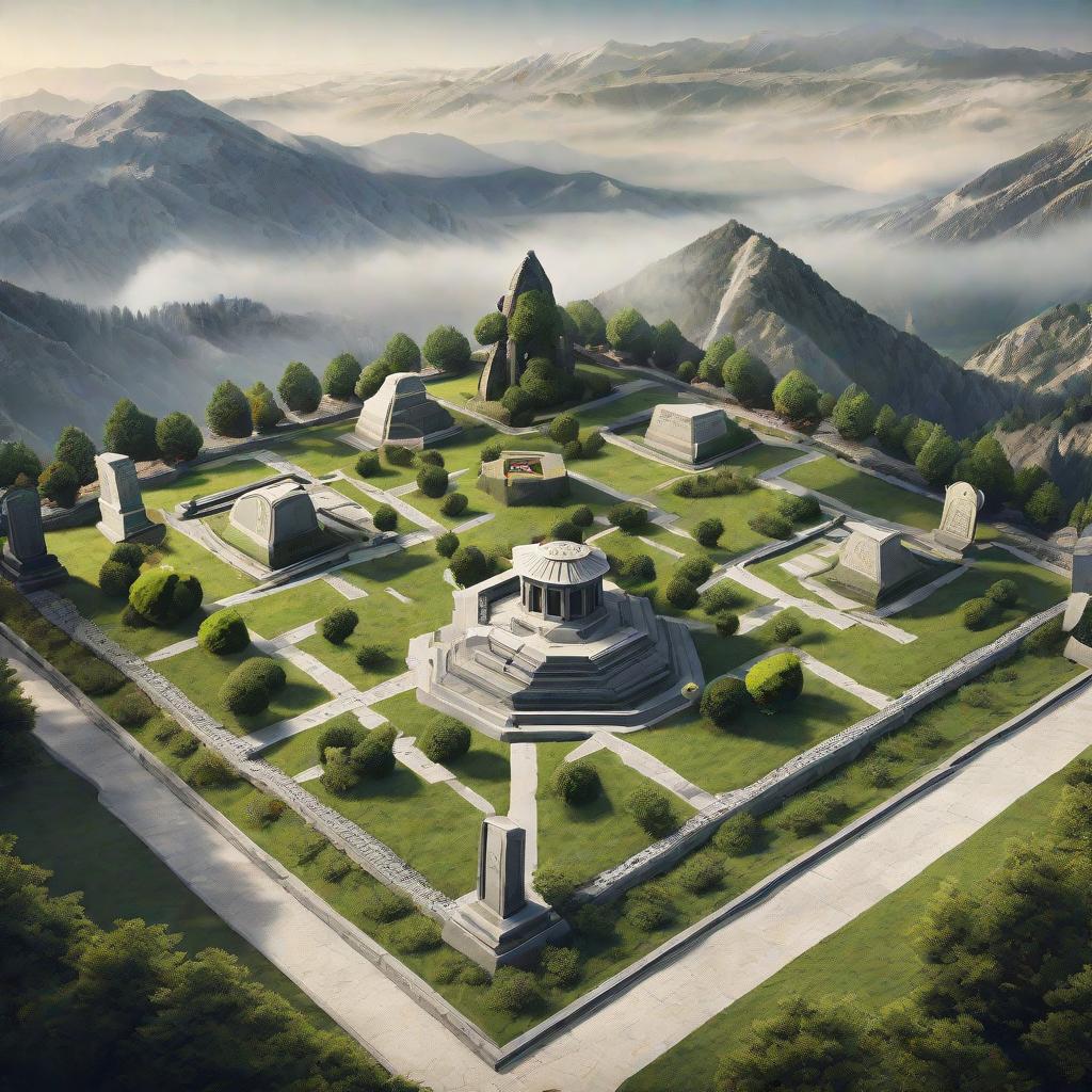  Masterpiece, best quality, HD, cemetery layout map, located in the west and south of a north-south mountain ridge, 1500 meters long from north to south and 300 meters wide from east to west, requiring the cemetery to be dominated by lying tablets.