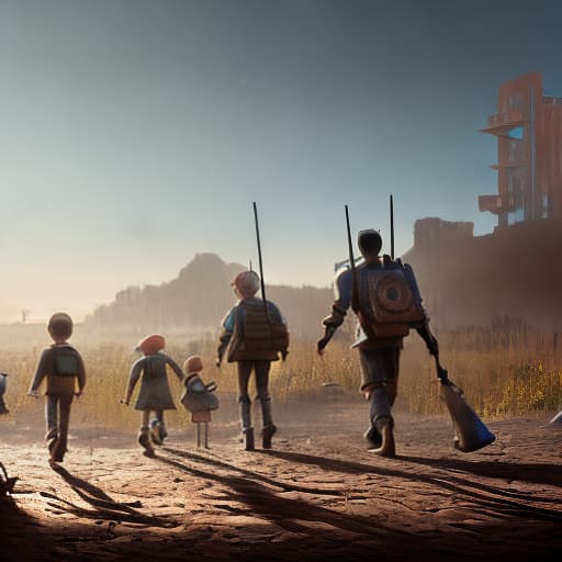 redshift style a pixar poster presenting a group of kids, marching forward against a war-torn landscape with a Pixar touch.