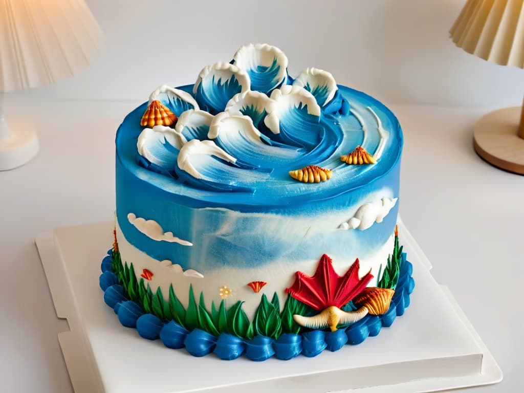  A highresolution, minimalistic image of a beautifully decorated cake inspired by Moana, featuring intricate oceanthemed fondant decorations like waves, seashells, and a small replica of Moana's boat. The cake is displayed on a sleek, white cake stand against a simple, clean background, allowing the vibrant colors and detailed decorations to stand out. hyperrealistic, full body, detailed clothing, highly detailed, cinematic lighting, stunningly beautiful, intricate, sharp focus, f/1. 8, 85mm, (centered image composition), (professionally color graded), ((bright soft diffused light)), volumetric fog, trending on instagram, trending on tumblr, HDR 4K, 8K