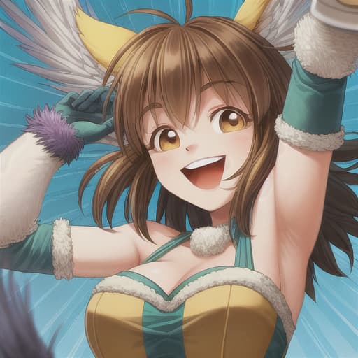  Furry laughing girl being tickled in her armpits by feathers