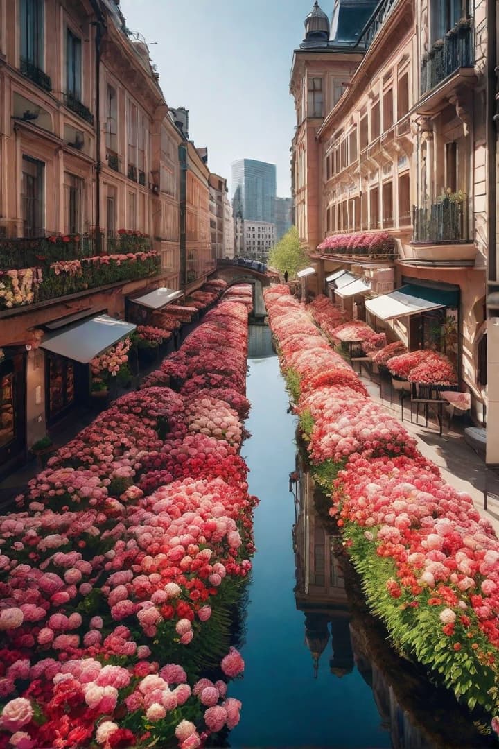  Capture a moment in time with a generated, well-structured photograph. Enhance the scene with your unique ideas, turning it into a personalized masterpiece: City with flowers in spring