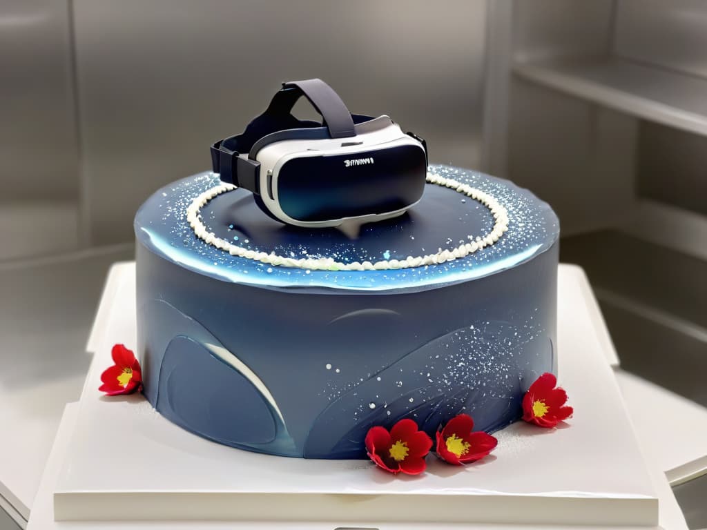  A stunning 8k ultradetailed image of a sleek, futuristic virtual reality headset hovering elegantly above a delectable, intricately designed wedding cake adorned with intricate edible flowers, shimmering frosting, and delicate fondant decorations. The background is a soft focus of a modern, minimalist kitchen setting with hightech baking equipment subtly visible, creating a perfect balance of technology and traditional craftsmanship in the realm of modern pastry artistry. hyperrealistic, full body, detailed clothing, highly detailed, cinematic lighting, stunningly beautiful, intricate, sharp focus, f/1. 8, 85mm, (centered image composition), (professionally color graded), ((bright soft diffused light)), volumetric fog, trending on instagram, trending on tumblr, HDR 4K, 8K