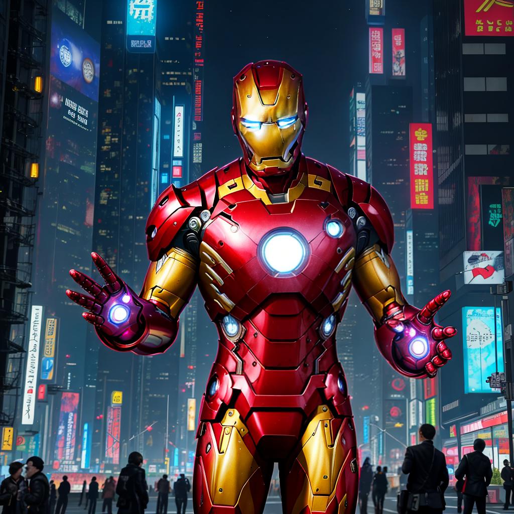  masterpiece, best quality, masterpiece, 8k resolution, realistic, highly detailed, Iron Man close-up. He stands on a street lined with tall buildings in a cyberpunk style city at night. The city's night lights are bright, and the surrounding buildings and streets are full of cyberpunk elements such as neon lights, high-tech equipment and futuristic architectural design.