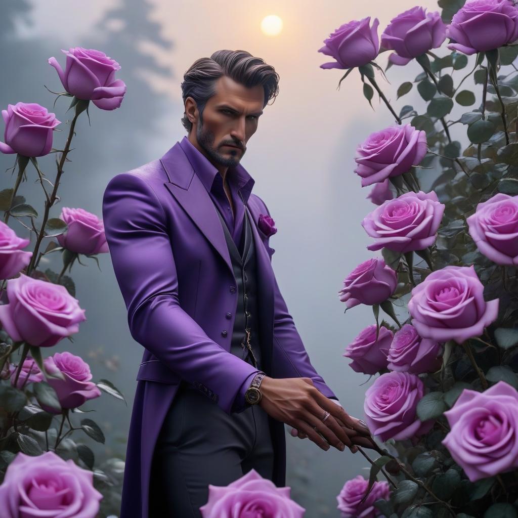  Violet roses hold a man's hand to the top, three poles apart. hyperrealistic, full body, detailed clothing, highly detailed, cinematic lighting, stunningly beautiful, intricate, sharp focus, f/1. 8, 85mm, (centered image composition), (professionally color graded), ((bright soft diffused light)), volumetric fog, trending on instagram, trending on tumblr, HDR 4K, 8K