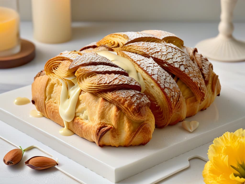  A closeup, ultradetailed image of a perfectly baked almond croissant, with a golden flaky crust that glistens in the light, revealing delicate layers of pastry filled with a rich almond cream. The croissant is placed on a pristine white marble countertop, with a scattering of whole almonds and almond blossoms nearby, showcasing the beauty and elegance of using almond oil in pastry creations. hyperrealistic, full body, detailed clothing, highly detailed, cinematic lighting, stunningly beautiful, intricate, sharp focus, f/1. 8, 85mm, (centered image composition), (professionally color graded), ((bright soft diffused light)), volumetric fog, trending on instagram, trending on tumblr, HDR 4K, 8K