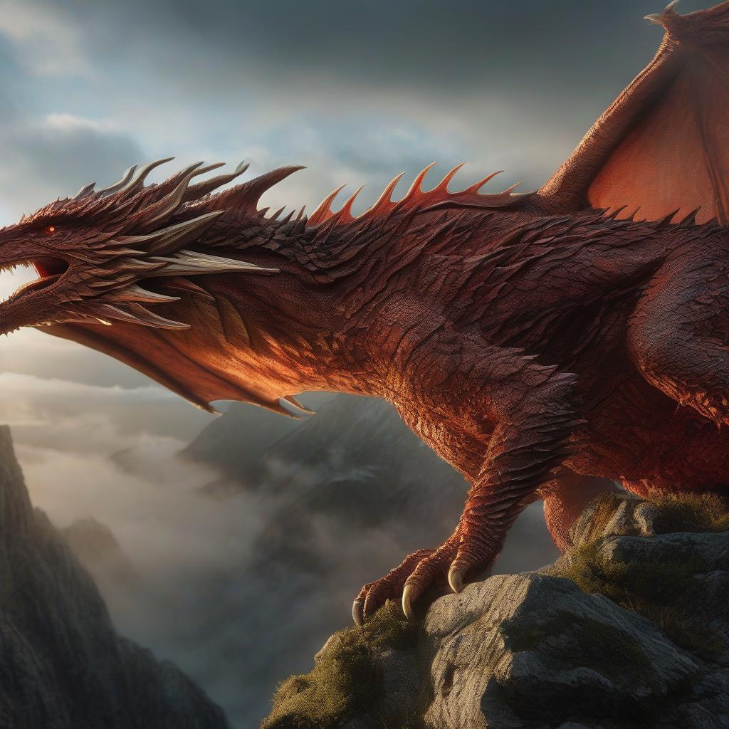  Smaug the dragon from the film "The Hobbit" hyperrealistic, full body, detailed clothing, highly detailed, cinematic lighting, stunningly beautiful, intricate, sharp focus, f/1. 8, 85mm, (centered image composition), (professionally color graded), ((bright soft diffused light)), volumetric fog, trending on instagram, trending on tumblr, HDR 4K, 8K