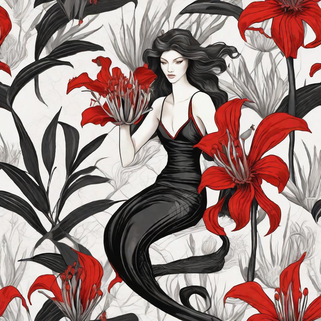  masterpiece, best quality,Best quality,masterpiece,super high resolution,(photo realism: 1.4),A slim body hugging mermaid black backless dress with red accents along with red spider lily decoration.,