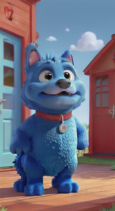  {Max the big blue dog standing in front of a cozy little house with a red door, The big blue dog is large with sky blue fur, big round eyes, a black nose, and floppy ears.