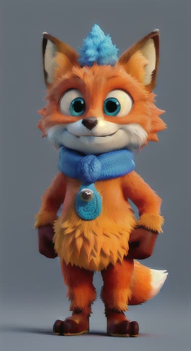  {Error the fox pressing the blue button with his paw, looking puzzled as nothing occurs., Error is a small, bright orange fox with a fluffy tail and big, inquisitive eyes. He has a mischievous yet kind expression and wears a tiny green scarf.