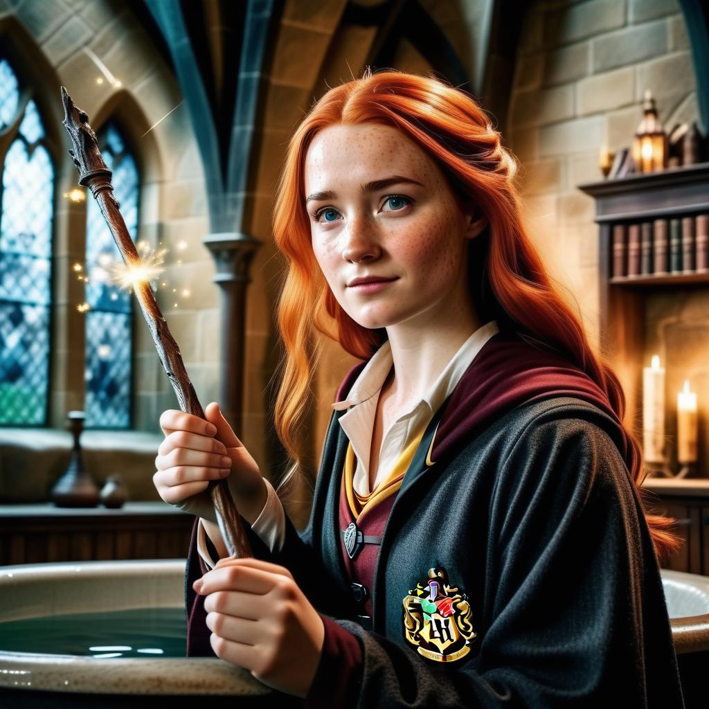  s of Hogwarts  have visible freckles, expose themselves in the room and tub, captivating women with a magical wand, realistic photography, true photosynthesis, wide-angle lens, panoramic photography.