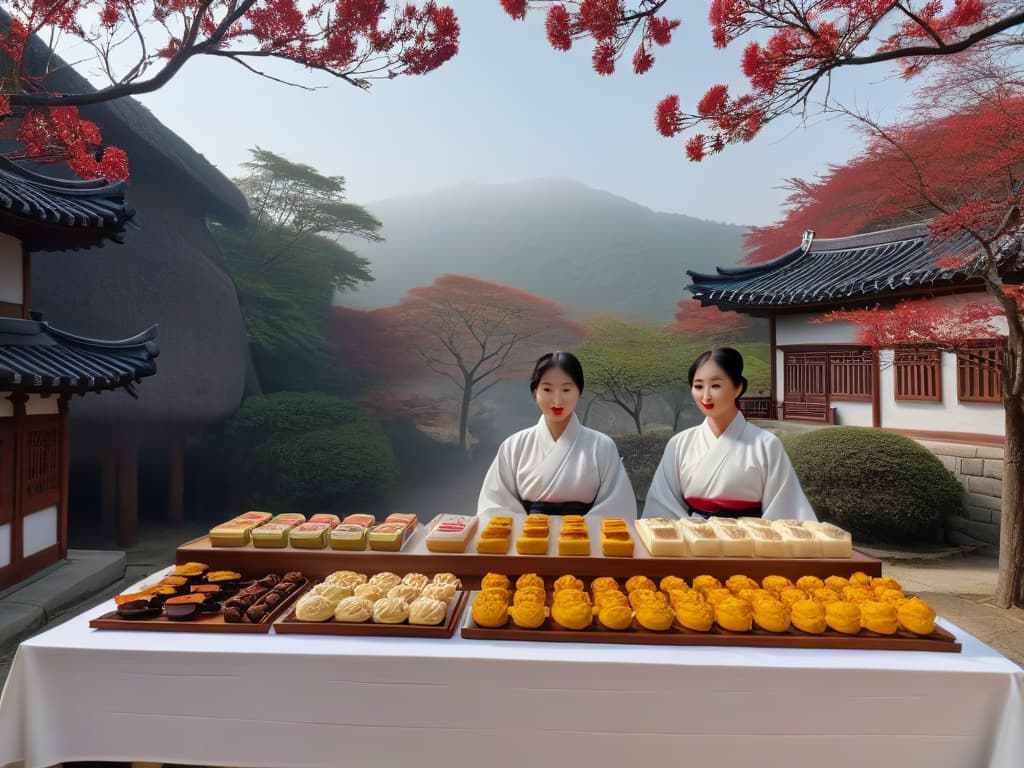  A highresolution, minimalist image depicting a serene traditional Korean teahouse with delicate pastelcolored Hanbokclad figures savoring intricate Korean desserts like yakgwa and hangwa. The scene showcases the harmonious blend of heritage and modernity in Korean confectionery, embodying the essence of the article's exploration of Korean pastry origins and their impact on contemporary dessert culture. hyperrealistic, full body, detailed clothing, highly detailed, cinematic lighting, stunningly beautiful, intricate, sharp focus, f/1. 8, 85mm, (centered image composition), (professionally color graded), ((bright soft diffused light)), volumetric fog, trending on instagram, trending on tumblr, HDR 4K, 8K