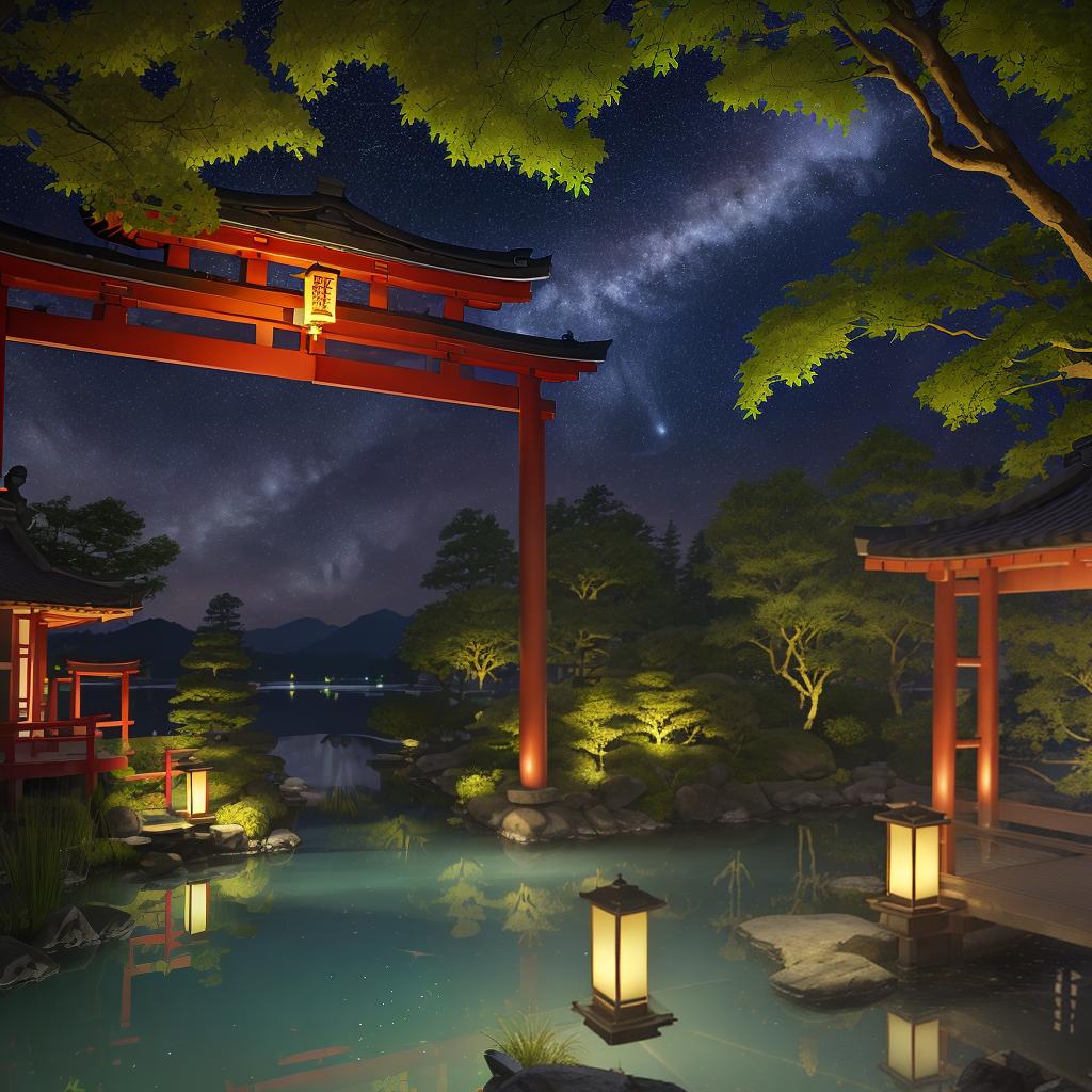  masterpiece, best quality, (Fidelity: 1.4), Best Quality, Masterpiece, Ultra High Resolution, 8k resolution, A night view inspired by Japanese art, featuring a garden illuminated by paper lanterns and a wooden bridge spanning a tranquil lake, by the lakeside, there is a small Zen temple. The water reflects the starry sky.