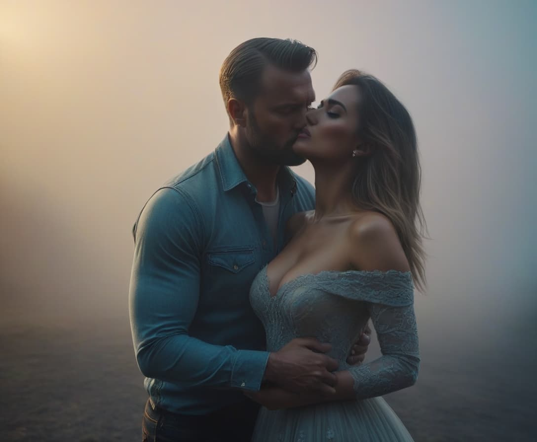  A man strokes a girl's neck. hyperrealistic, full body, detailed clothing, highly detailed, cinematic lighting, stunningly beautiful, intricate, sharp focus, f/1. 8, 85mm, (centered image composition), (professionally color graded), ((bright soft diffused light)), volumetric fog, trending on instagram, trending on tumblr, HDR 4K, 8K