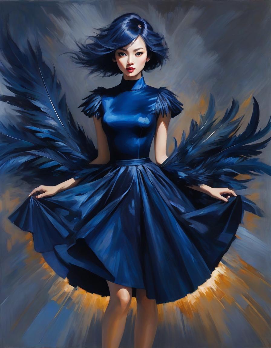  abstract expressionist painting Portrait of a beautiful girl in a dark blue velvet Lorrain dress, on beautiful hair adorned with soft feathers of dark blue colour . energetic brushwork, bold colors, abstract forms, expressive, emotional hyperrealistic, full body, detailed clothing, highly detailed, cinematic lighting, stunningly beautiful, intricate, sharp focus, f/1. 8, 85mm, (centered image composition), (professionally color graded), ((bright soft diffused light)), volumetric fog, trending on instagram, trending on tumblr, HDR 4K, 8K