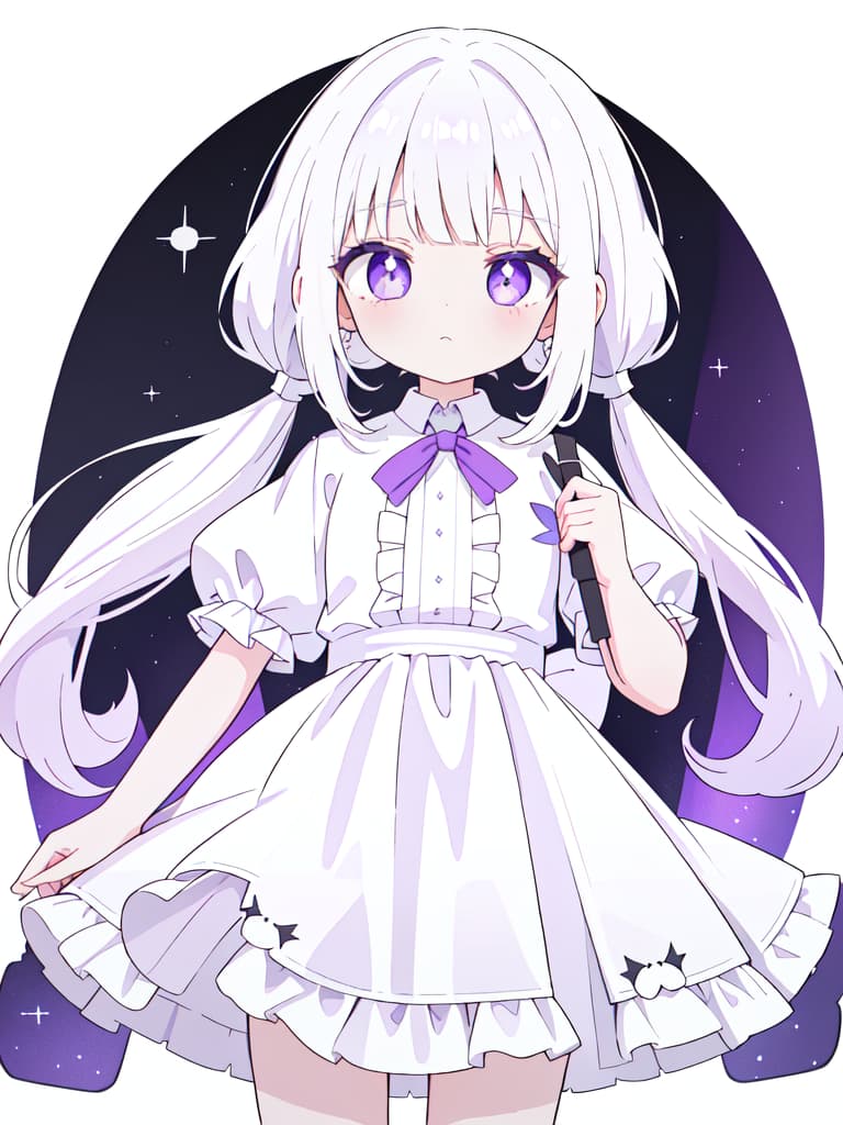  White hair, purple eyes, angels, wearing white clothes, girls, short sleeves, white gothic loli, cute, round, round, twin tails, masterpiece, best quality,8k,ultra detailed,high resolution,an extremely delicate and beautiful,hyper detail