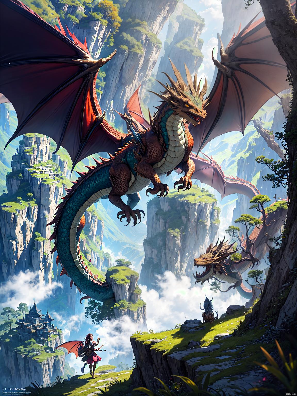  master piece, best quality, ultra detailed, highres, 4k.8k, Female adventurer., Riding a dragon, exploring, carrying a sword., Fearless and determined., BREAK Adventure with a dragon., Lush green mountainside., Ancient ruins, a treasure chest, a map, a compass., BREAK Mysterious and adventurous., Sunlight filtering through the trees, misty air, glowing dragon eyes, majestic wings.,