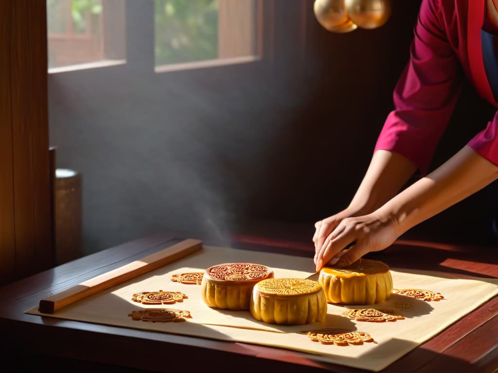  A minimalistic image of a pair of hands delicately shaping mooncake dough into intricate patterns, set against a serene backdrop of a traditional Chinese kitchen with soft natural lighting filtering through a window, casting subtle shadows on the textured wooden table. The hands are adorned with graceful, intricate henna designs, emphasizing the artistry and precision involved in the process of making mooncakes. The focus is on the skillful hands and the beautifully designed mooncake in progress, showcasing the meticulous craftsmanship and cultural significance of the tradition. hyperrealistic, full body, detailed clothing, highly detailed, cinematic lighting, stunningly beautiful, intricate, sharp focus, f/1. 8, 85mm, (centered image composition), (professionally color graded), ((bright soft diffused light)), volumetric fog, trending on instagram, trending on tumblr, HDR 4K, 8K