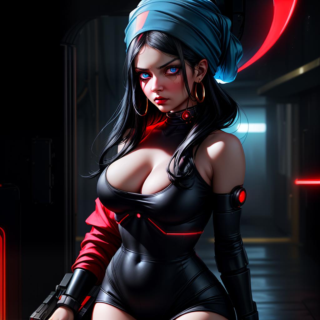  A woman with curvy body, long black hair, blue eyes, wearing a red turban, holding a camera. Round faces, expressive gaze, cyberpunk style, black background, gloomy mood, golden embellishments.