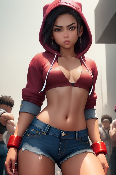  ((extremely beautiful:1.5)), ((12 year old street fighter in a cropped hoodie and ripped jeans:1.3)), ((flat chested:1.3)), ((fighting a group)), 1girl,, detailed eyes, hyperrealistic, full body, highly detailed, cinematic lighting, intricate, sharp focus, f/1. 8, 85mm, (centered image composition), (professionally color graded), ((bright soft diffused light)), volumetric fog, trending on instagram, HDR 4K, 8K