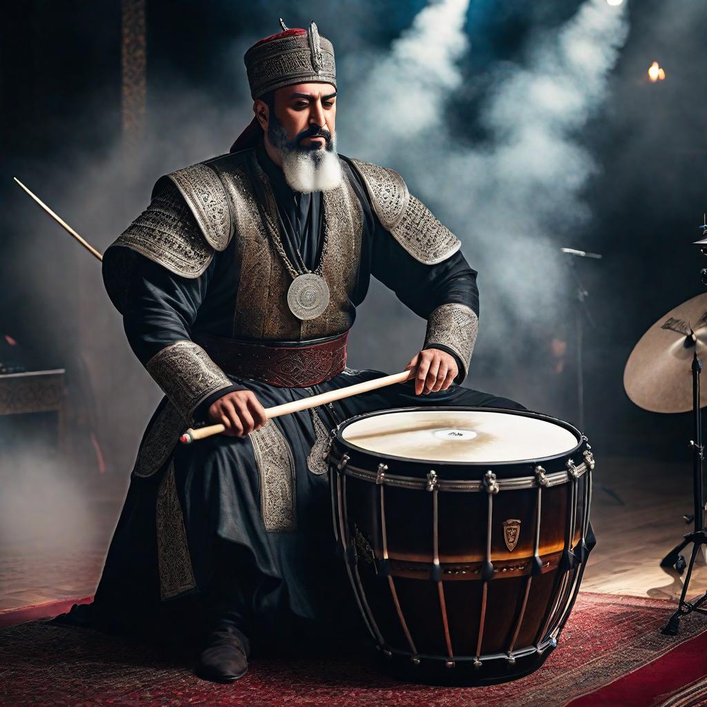  Commoner medieval turkish in basic medieval islamic clothing man playing drums in a heavy metal band hyperrealistic, full body, detailed clothing, highly detailed, cinematic lighting, stunningly beautiful, intricate, sharp focus, f/1. 8, 85mm, (centered image composition), (professionally color graded), ((bright soft diffused light)), volumetric fog, trending on instagram, trending on tumblr, HDR 4K, 8K