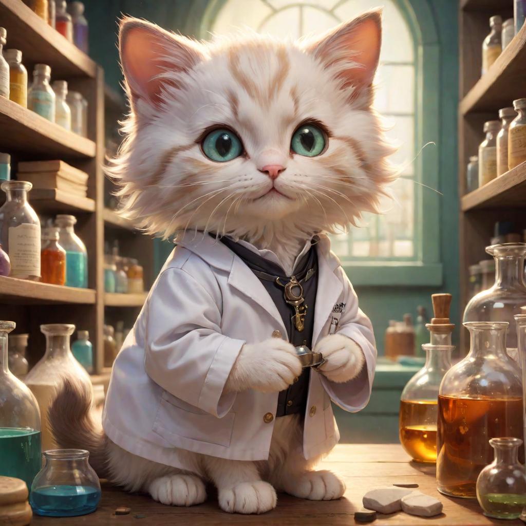  medium close up, Kitten Cheeseville, Soft Alchemical Glow, Curious and Inquisitive, Tiny and Nimble, Whiskers and Bright Eyes, Scientific Lab Coat with a Pocket Protector, Alchemical Laboratory with Potion filled Shelves, Chemist and Alchemist in the Mouse Lab