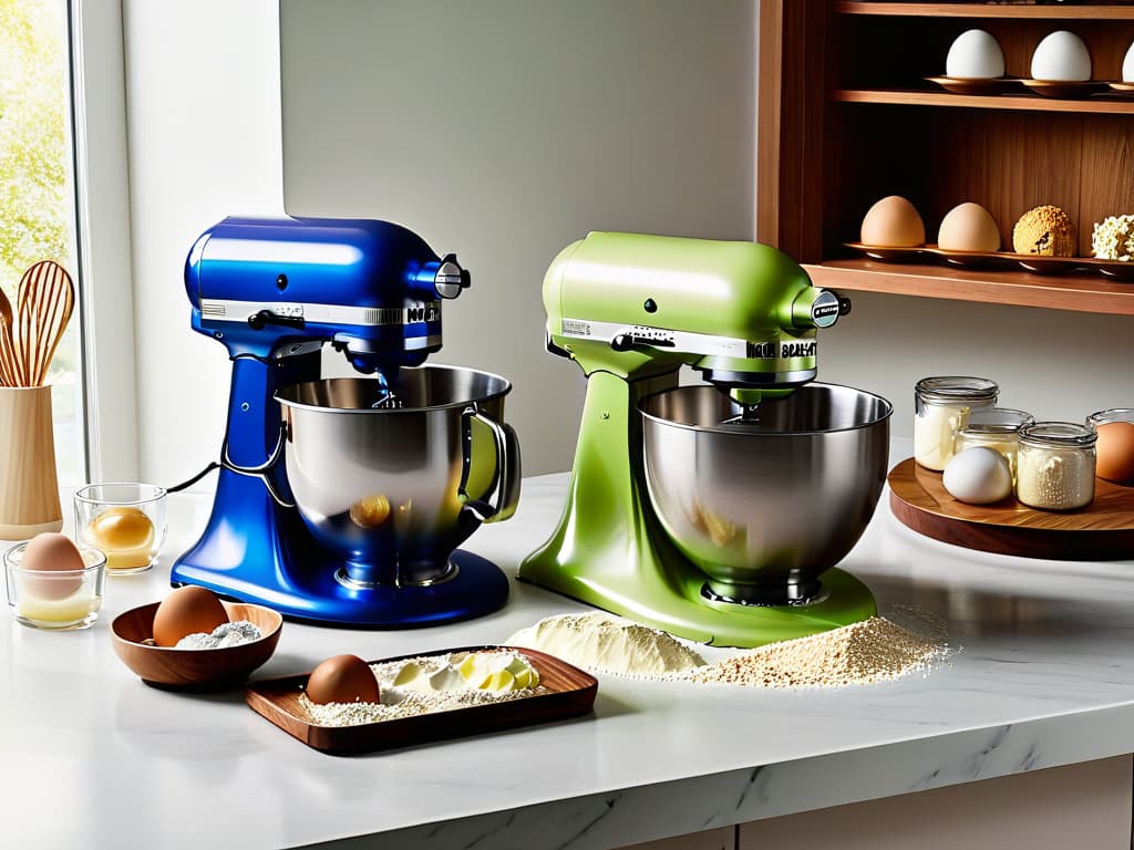  A sleek and modern kitchen countertop showcasing five different highend stand mixers in a row, each with a unique design and color scheme. The mixers are surrounded by scattered baking ingredients like flour, sugar, and eggs, adding a touch of warmth to the minimalist aesthetic. The soft natural light coming in from a nearby window creates a soft glow, highlighting the elegant and professional look of the mixers. hyperrealistic, full body, detailed clothing, highly detailed, cinematic lighting, stunningly beautiful, intricate, sharp focus, f/1. 8, 85mm, (centered image composition), (professionally color graded), ((bright soft diffused light)), volumetric fog, trending on instagram, trending on tumblr, HDR 4K, 8K