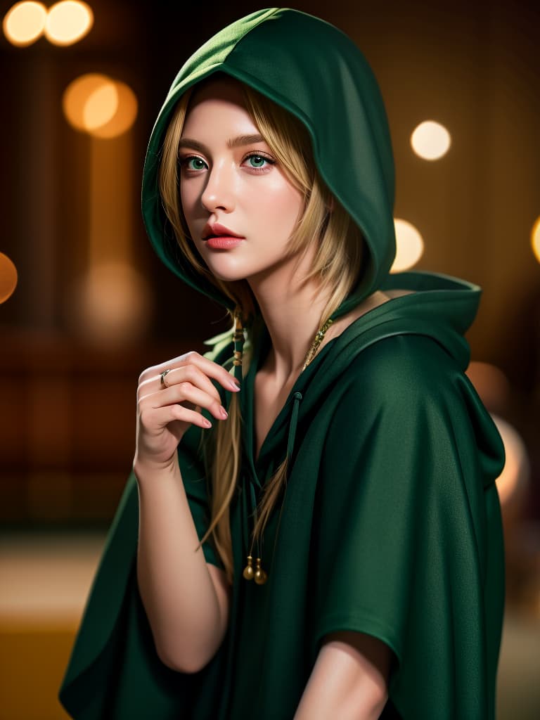  masterpiece, best quality, official art, extremely detailed cg 8k, cinematic film style, shallow depth of field, vignette, highly detailed, high budget, bokeh, cinemascope, moody, epic, gorgeous, film grain, grainy, male elven assassin, short blonde hair, green eyes, wearing dark green hooded cloak, tattoos, dark theme, night time,