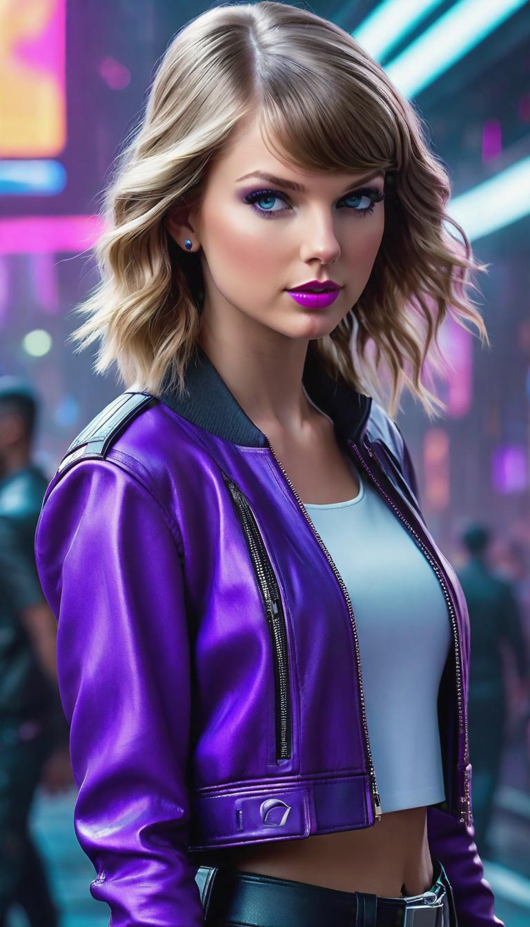  Cyberpunk style depiction of Taylor Swift wearing purple casual wear. The scene is set in a world where technology has advanced, but society and human conditions have not, creating a gritty, dystopian atmosphere. hyperrealistic, full body, detailed clothing, highly detailed, cinematic lighting, stunningly beautiful, intricate, sharp focus, f/1. 8, 85mm, (centered image composition), (professionally color graded), ((bright soft diffused light)), volumetric fog, trending on instagram, trending on tumblr, HDR 4K, 8K